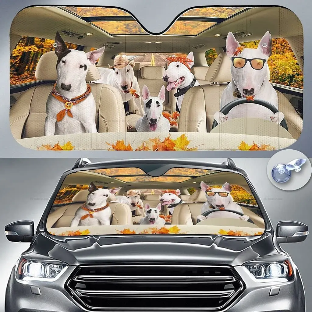 

Funny Bull Terrier Family Driving Autumn Dog Lover Car Sunshade Windshield Window, Gift for Bull Terrier Lover, Car Windshield A