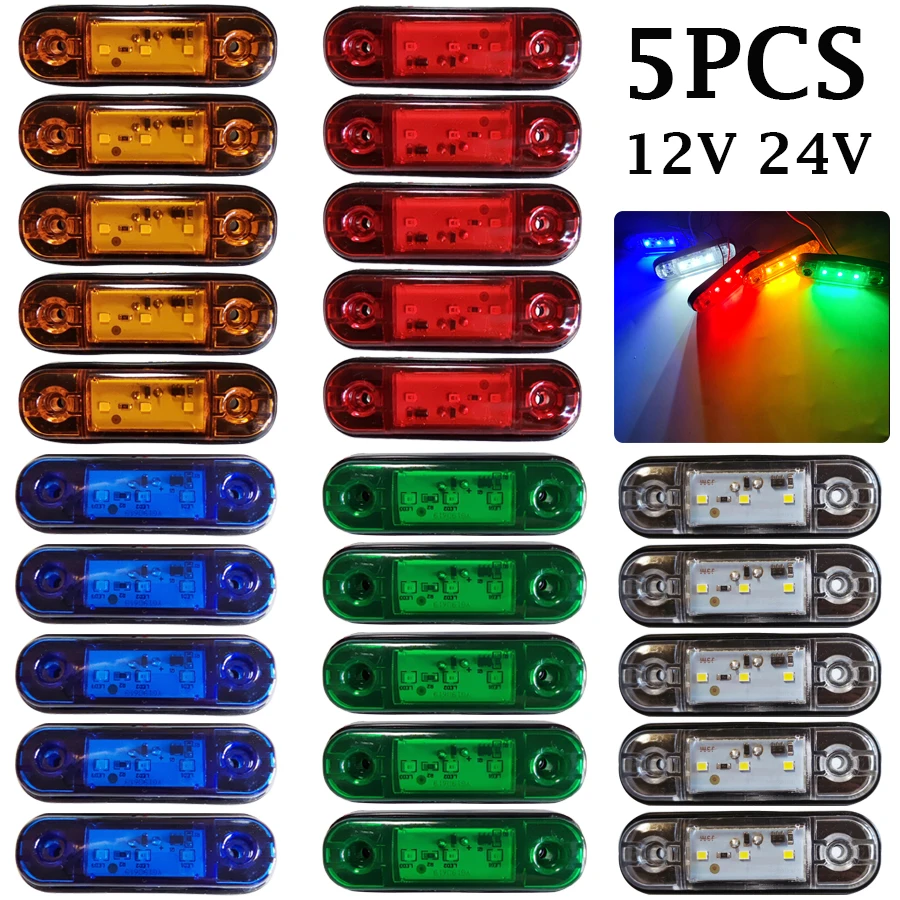 

5Pcs 12V 24V 3 LED External Side Marker Warning Light Oval Clearance Signal Trailer Truck Lamp Car Grille Light Waterproof