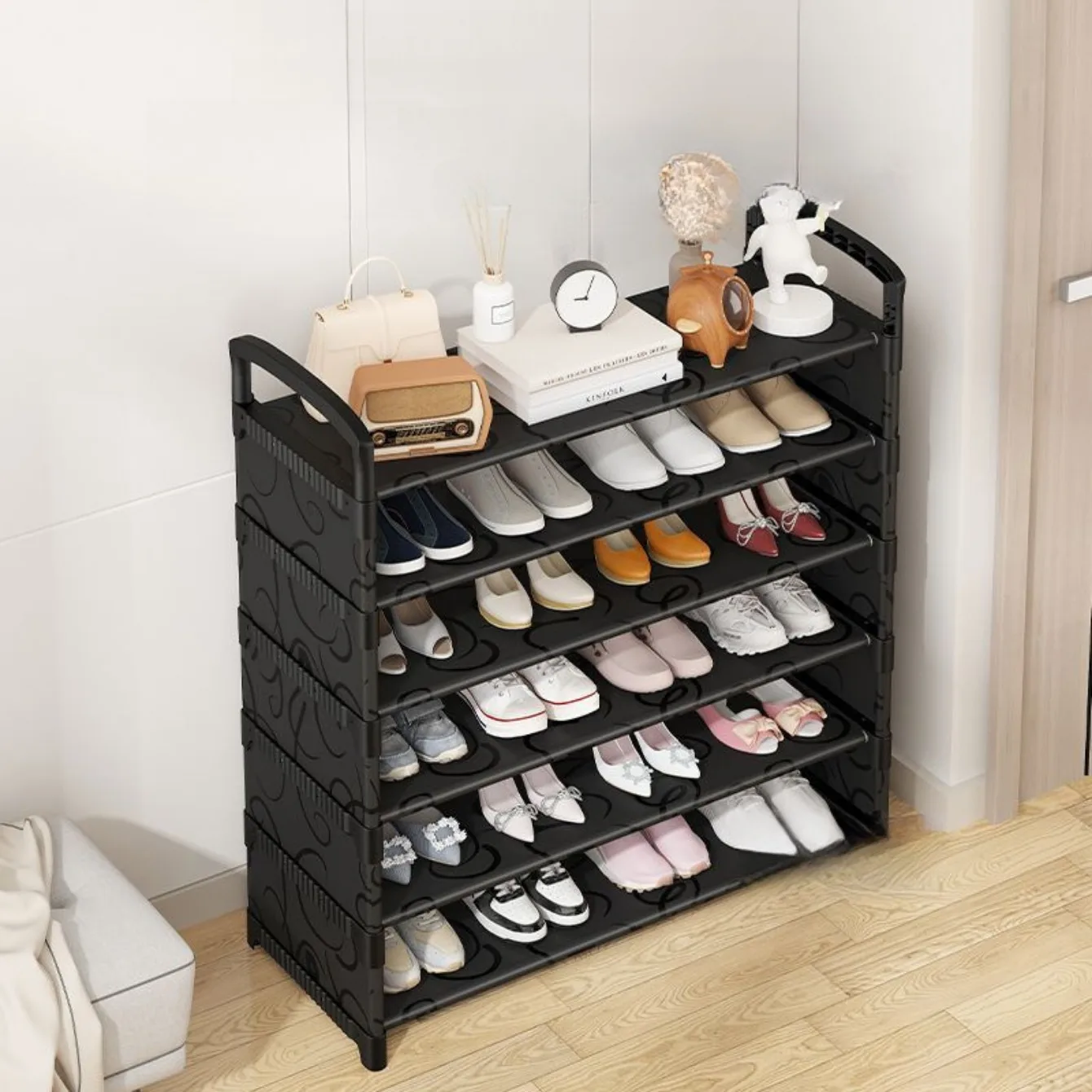 6-Tier Metal Shoe Rack Shelf Shoemaker Organizer Multi-Layer Entryway Shoe Organizer with Top Storage Shelf Space-Saving