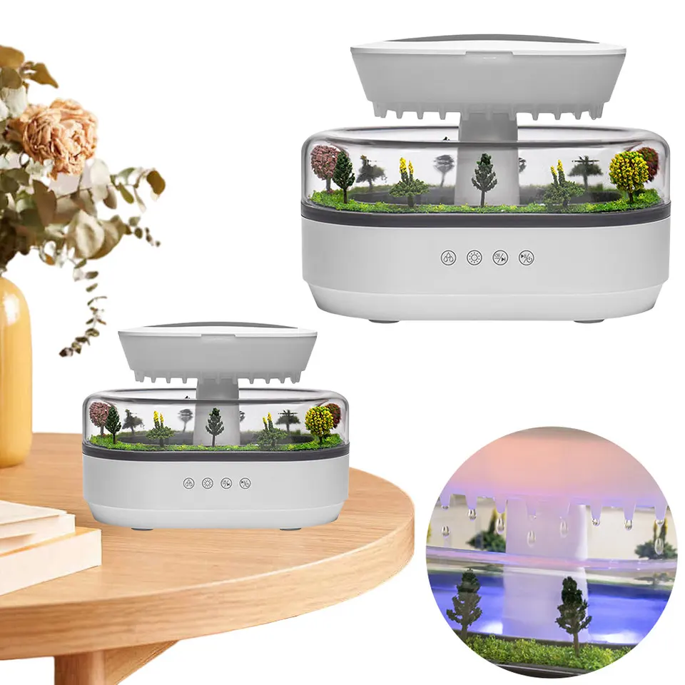 Micro Landscape Rain Humidifier - With Artificial Plants, 7-Color LED Lights, 250ml Tank, White - View #4
