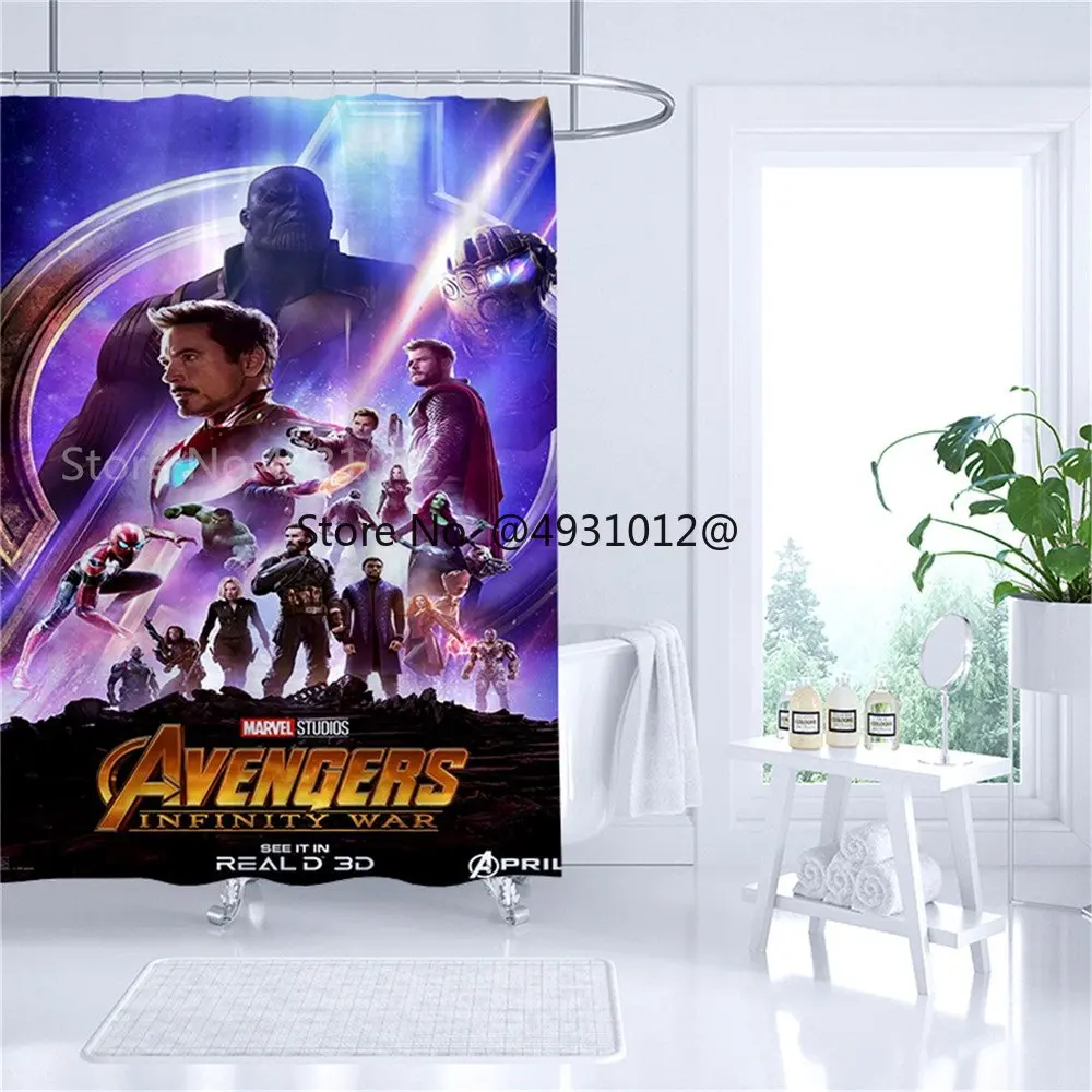 

2023 Avenger Anime 3D Shower Curtain Disney Spiderman Captain America Waterproof Drapes Polyester Bath Curtain with Hooks