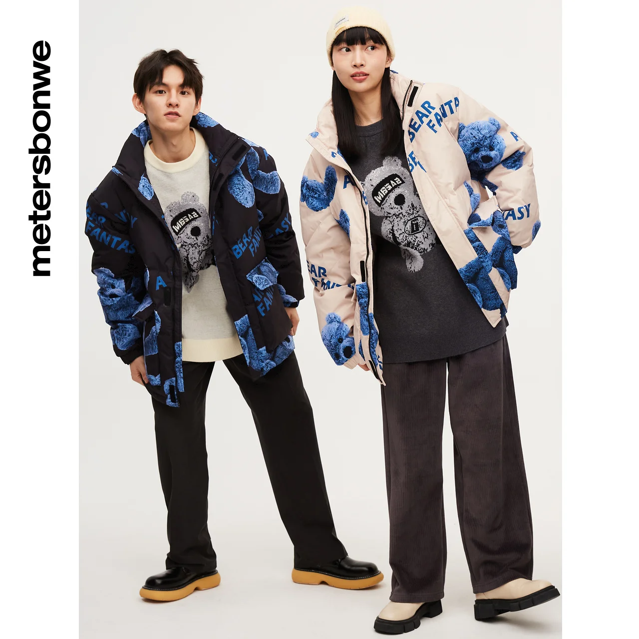 Metersbonwe Down Jacket Men Winter Warm Coat Couple Anti-snow Short Big Pocket Youth Printed Cartoon Down Coat Brand Outerwear