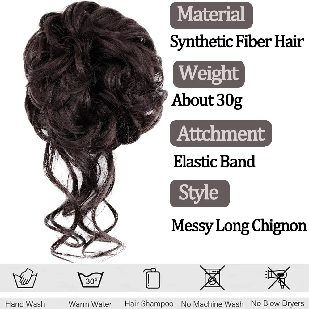 MISSQUEEN Synthetic Messy Curly Bun Extensions With Elastic Rubber Band Solid Color Black Brown Blonde Bun For Women Wigs