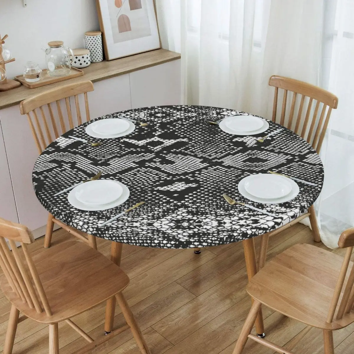 

Round Waterproof Oil-Proof Snake Grey Skin Texture Tablecloth Backing Elastic Edge Table Cover Fit Snakeskin Print Table Cloth