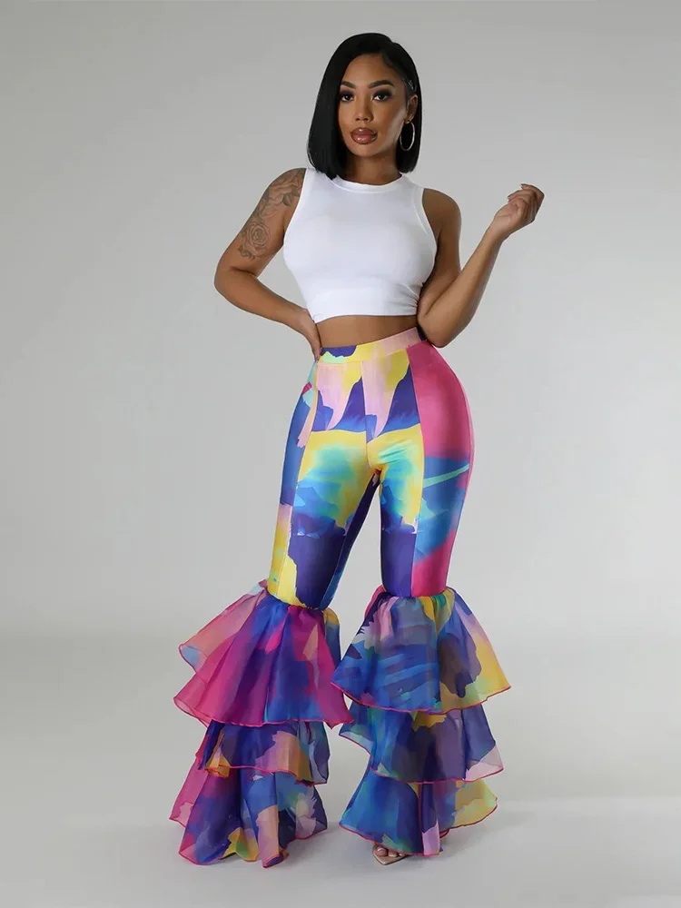 Wmstar Colorful Women's High Waisted Slim Fit Pants Tie Dye Printed Flared Pants with Ruffle Edges Wholesale Dropshipping 2024