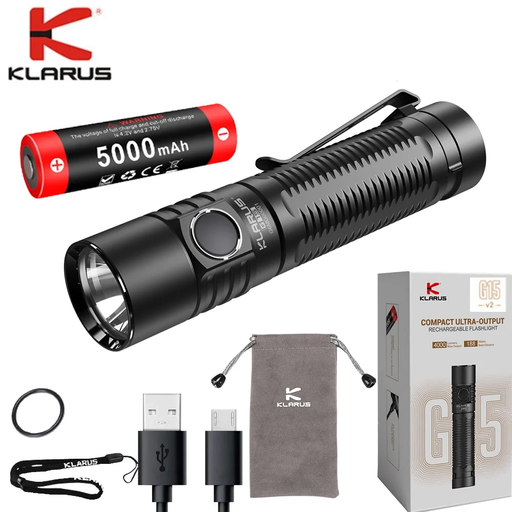 

Фонарик Klarus G15 V2 светодиодный XHP 70, аккумуляторная батарея 5000 лм, USB, для кемпинга, самообороны, походов