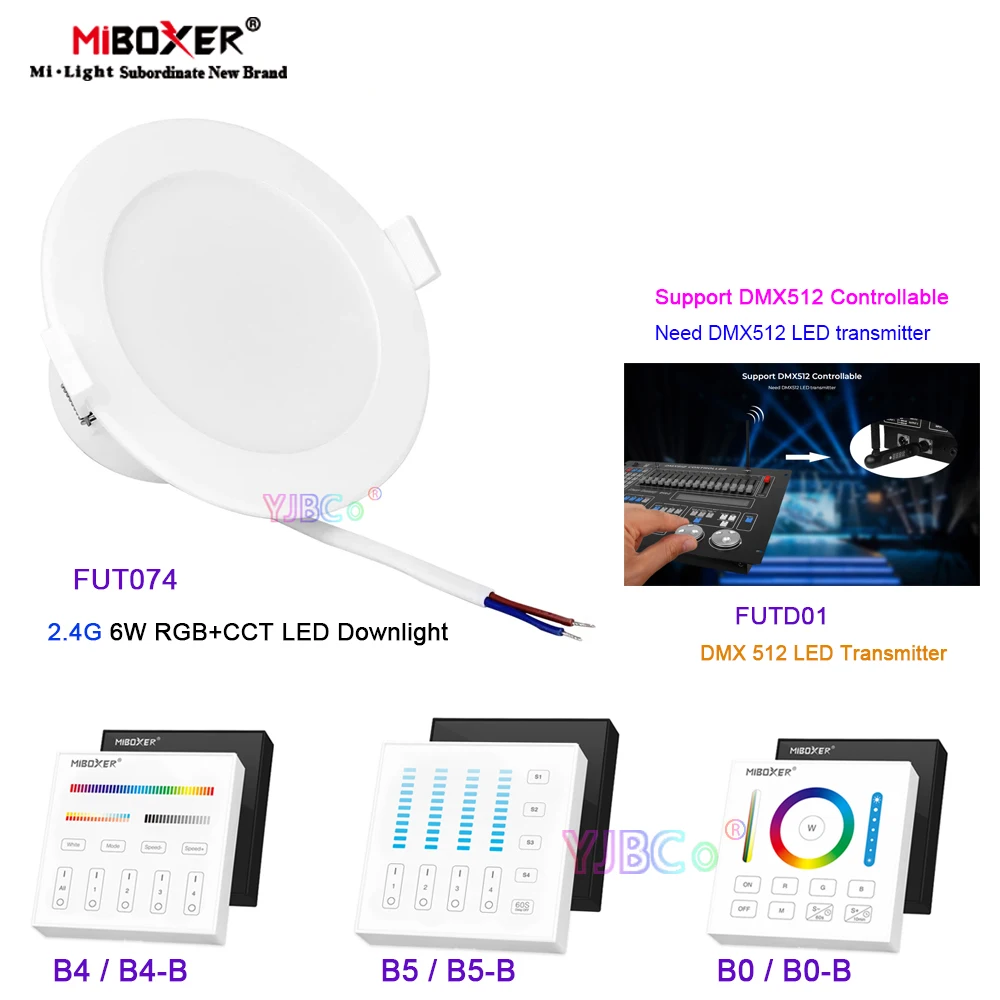 Miboxer 6W 2.4G RGB+CCT LED Downlight 110V 220V AC RGB Ceiling Light Dimmable DMX512/4-Zone Panel Remote/2.4GHz Gateway control