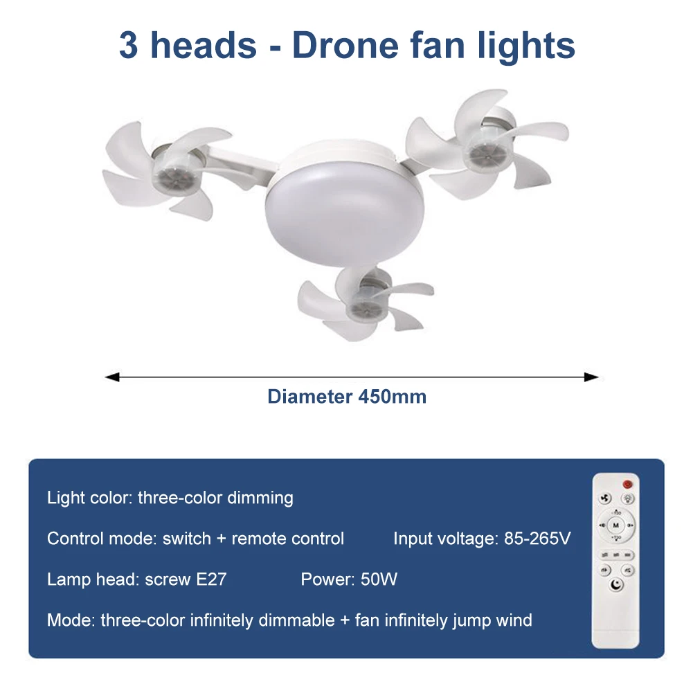 E26/E27 LED Drone Fan with Light Remote Control Ceiling Fan Lamp 50/60W Dimming Electric Light for Bedroom Living Room Decor