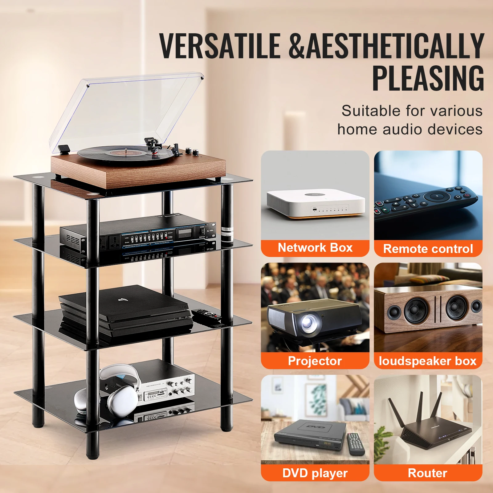 4-Tier AV Media Stand Audio/Video Stand with Strengthened Tempered Glass Shevles for DVD Adjustable Media Storage Cabinet