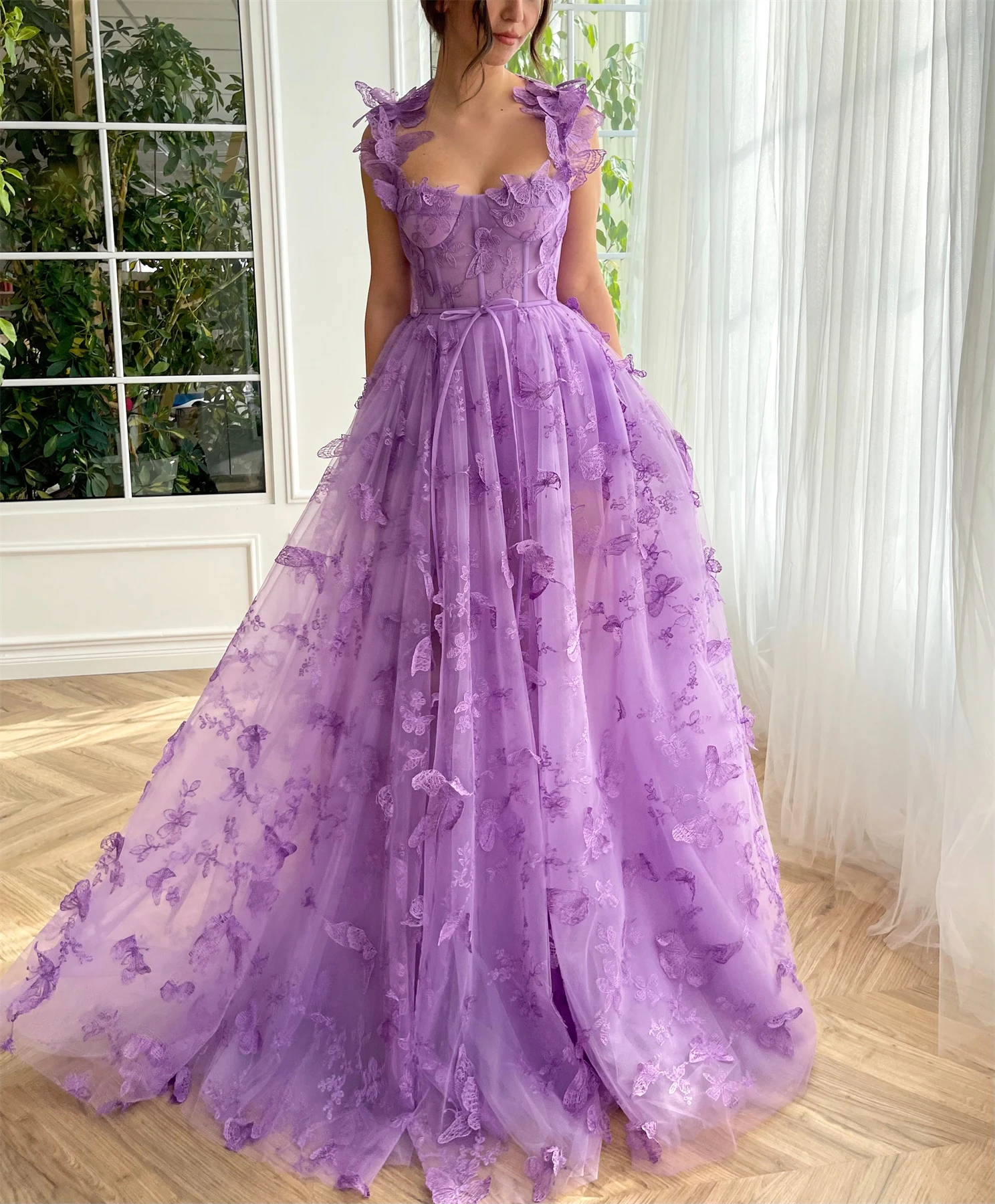 

Lilac 3D Butterfly Evening Gown Sweetheart Spaghetti Straps Lace Prom Dresses 2024 A-Line High Slit Lace Up Fairy Party Dress