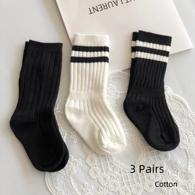 Chaussettes longues noires et blanches en coton pour enfants, lot de 3 paires, pour filles et garçons, collection printemps-automne