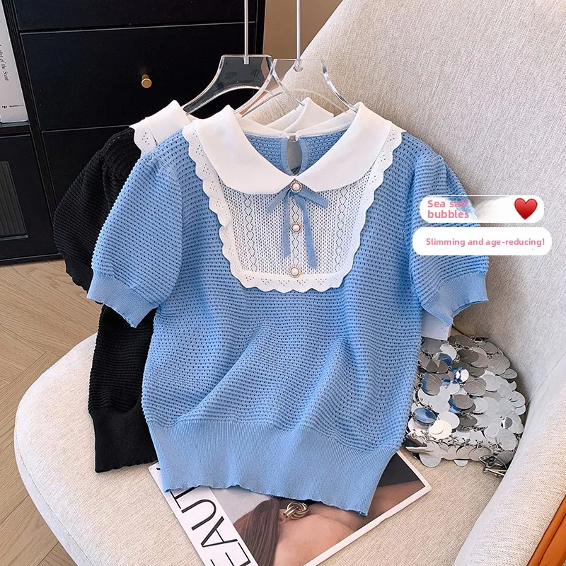 Sweet Knitted ort Sve T-irt for Women with Doll Collar Bow Knot Top Youthful Sle Casual Summer Faion Chinese Brand