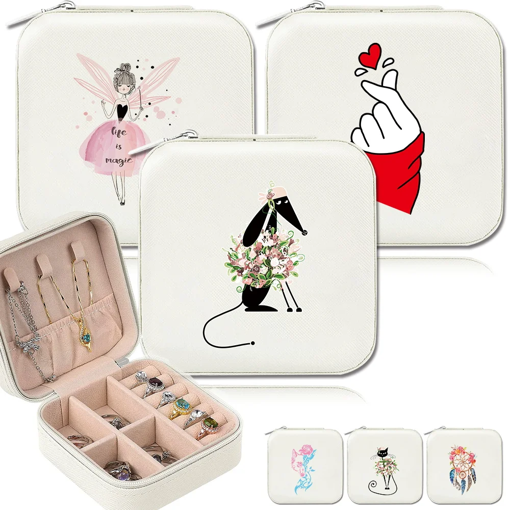 

PU Leather Jewelry Box Portable Women's Jewelry Storage Box Fashionable Travel Zipper Color Pattern Series Jewelry Storage Box