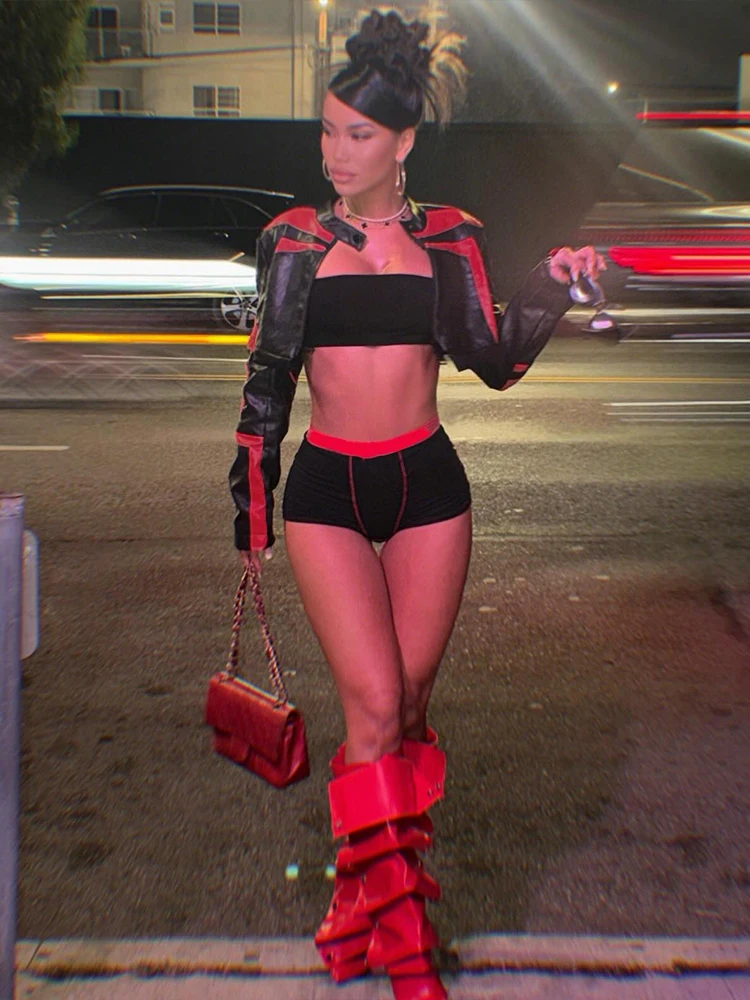 Nibber Hot Girls Contrast Patchwork Crop Coats Women Faux Leather Zip Button o-Neck Full Sleeve High Street Style Classic Jacket