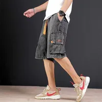 Pantalones cortos de mezclilla para hombre, rectos, holgados con texto, pantalones vaqueros cortos sueltos para hombre, venta de verano, pantalones finos para hombre, pantalones vaqueros masculinos con cintura elástica 4