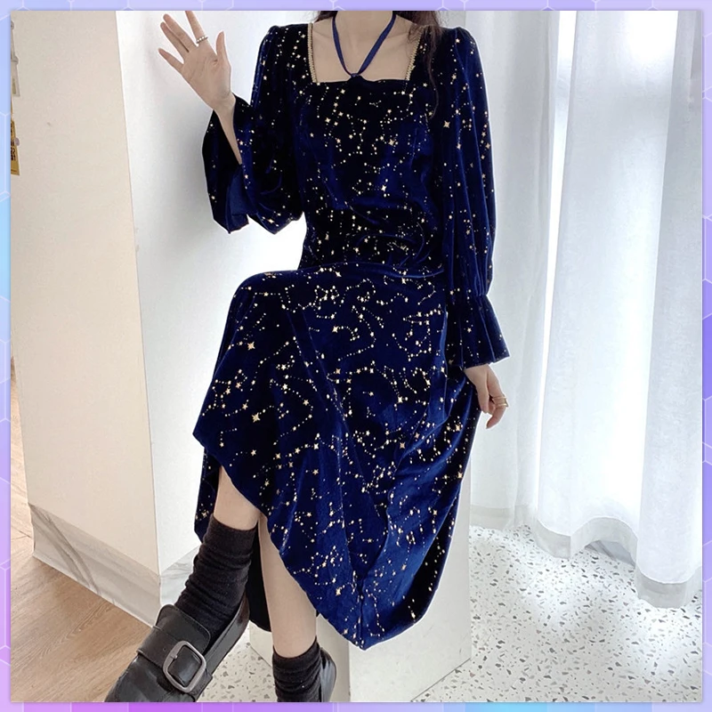 

Autumn Winter Long Dress Square Collar Navy Blue Sequined Stars Ribbon Party Dress Flare Sleeve Elegant Midi Dresses For Women