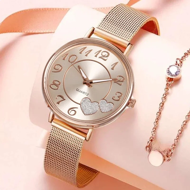 

Women Elegant Rose Gold Heart Dial Watch Female Simple Temperament Student Waterproof Female High-level Female Luxury Watches