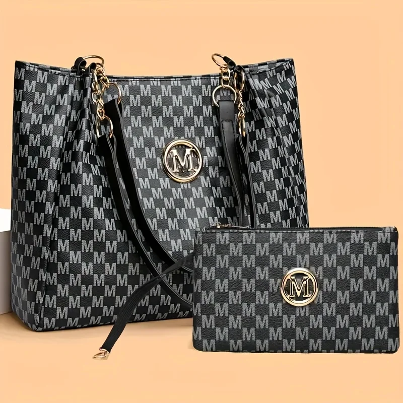 2pcs Women's Vintage Shoulder Bag Set Large Capacity Tote Bag with Fixed Shoulder Strap Leather Handbag Commuting