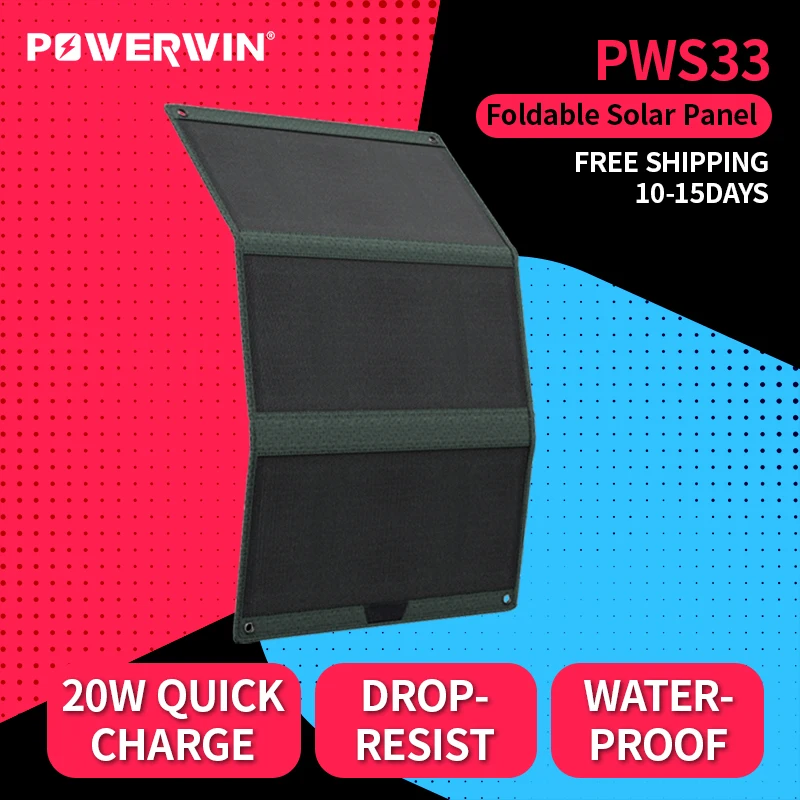 

POWERWIN PWS33 Foldable Solar Panel IP65 Water Resist Soft 33W ETFE High Efficiency Flexible Fast Charge PD20W Type-C USB DC5521