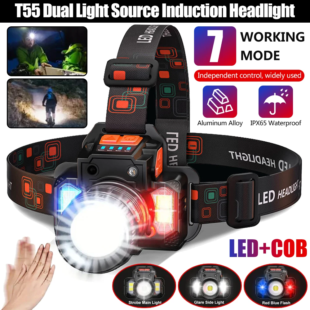 

Convenient mini outdoor night fishing induction headlight T55 dual light source with 2 * 2000mAh battery USB Charging