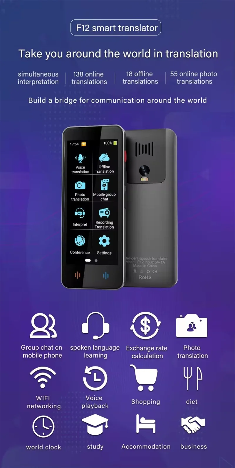 F12 Translator Machine 138 Real-time Language Online 18 Offline Accurate Translation 4inch Instant Voice Photo Tradutor Device language translator