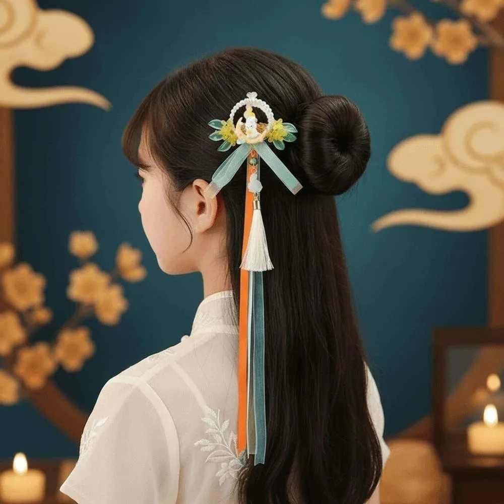 중국 보석류 빈티지 한푸 머리 장식 전통 귀여운 태슬 머리핀 프린지 비즈 장식 토끼 머리핀 선물