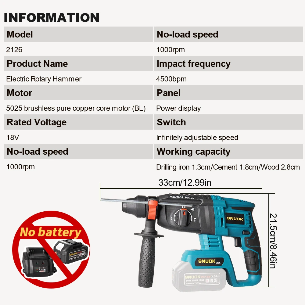 Snuok No Battery 18V Brushless Electric Rotary Hammer 4500Bpm Car Home Repair DIY Electric Drill Makita 18V Lithium Battery electric hammer drill