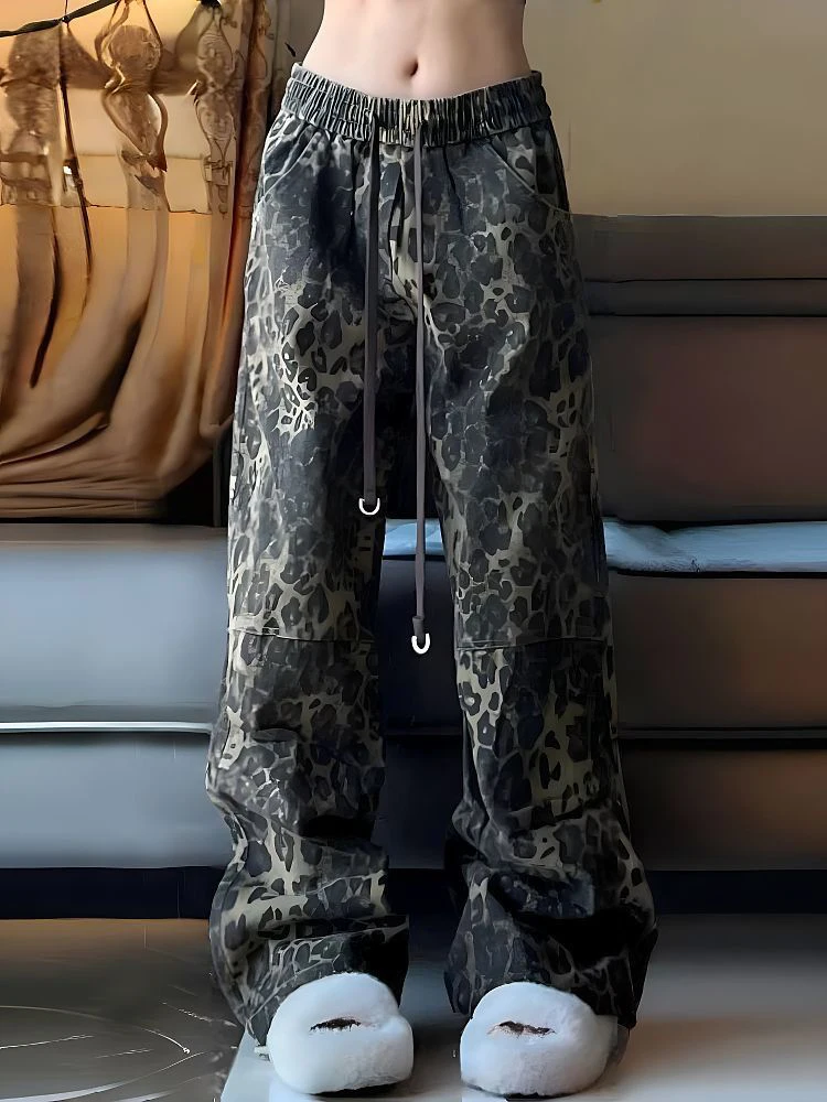

HOUZHOU Tan Leopard Cargo Pants Women Parachute Female Oversize Wide Leg Trousers Streetwear Hip Hop Vintage Loose Casual