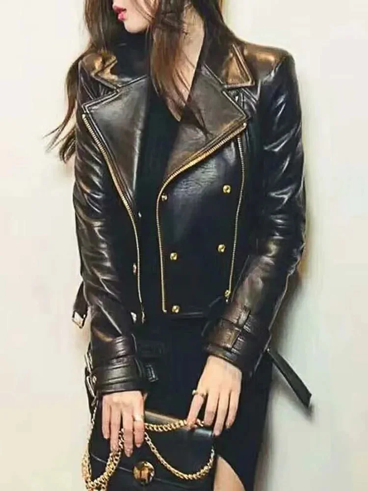 

2023 New fashion Woman Genuine Sheepskin Leather Coat Spring Autumn Fall Motor Jacket Female Ladies Double Breasted Black XXXXL