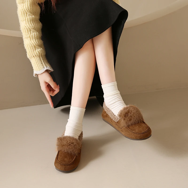 Aphixta Soft Furry Loafers Flat With Women Flats Slip On Short Plush Casual Round Toe Flats Woman Shoe Autumn Winter Loafers
