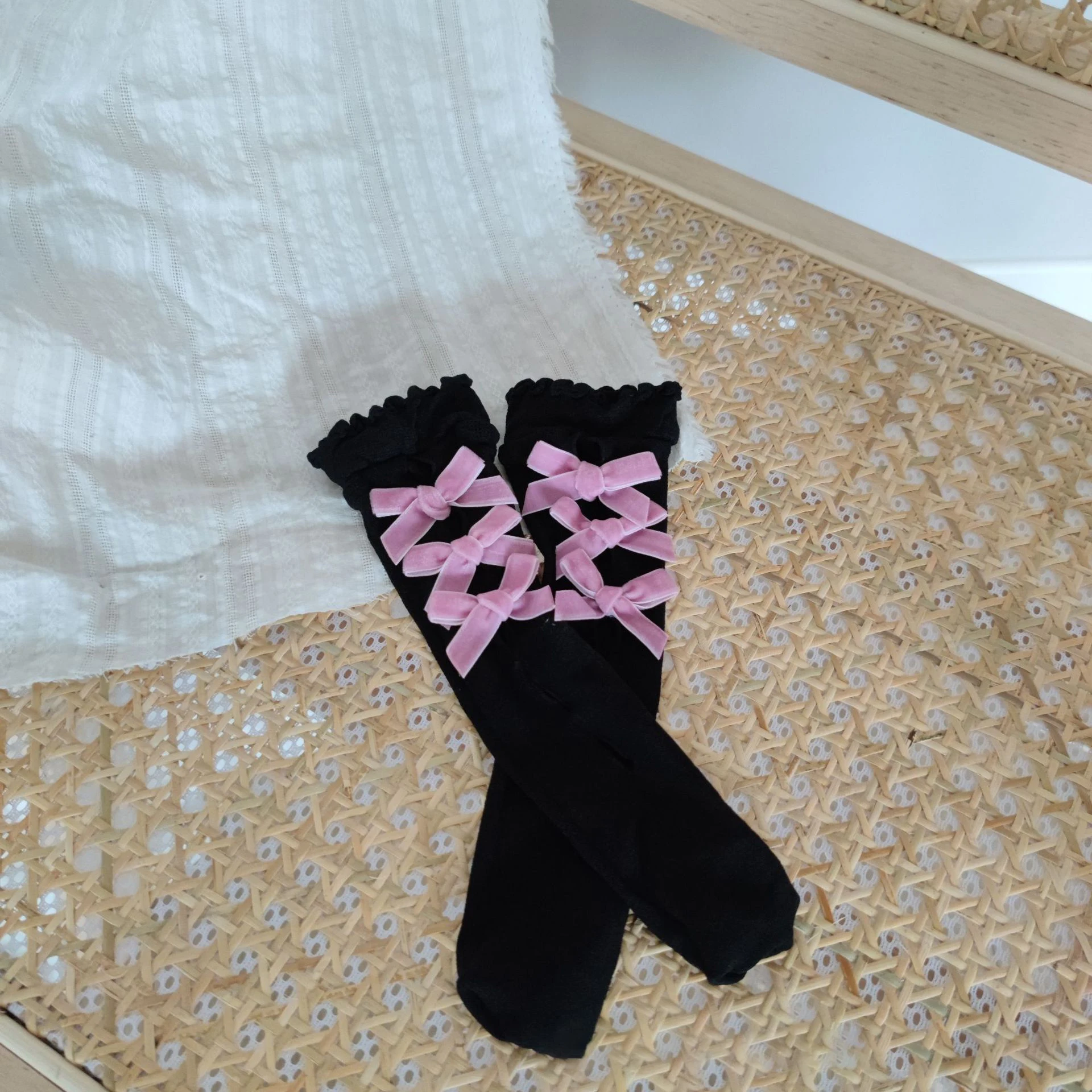 Winter Merry Christmas Bow Lace White Stitch Long Socks 2022 Kawaii Cute Hollow Fishnet Japanese Sweet Stocking for Baby Girls