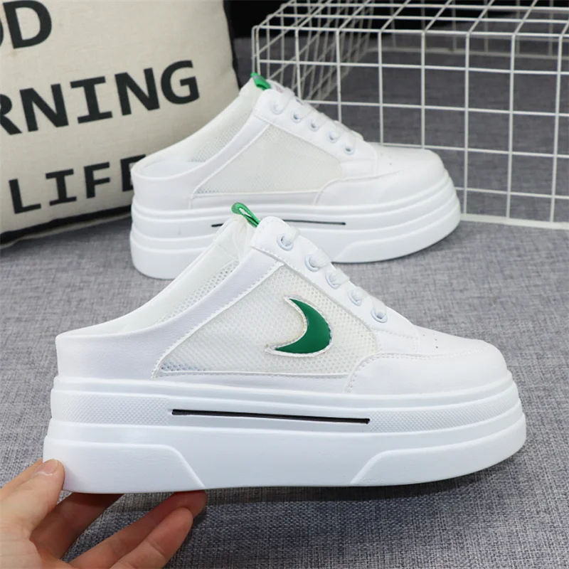

2023 Summer New Mesh Breathable No Heel Slip-on Height-increasing Loafers Sneakers 8cm Semi-slippers Women's Outerwear