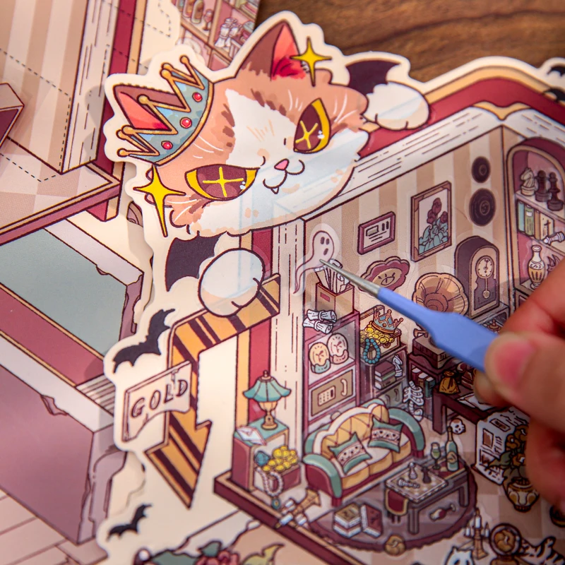 카와이 고양이 왕 3D 의 정자 찾기 풍경 스티커 DIY 포켓 캐빈 장면 축제 선물 ?