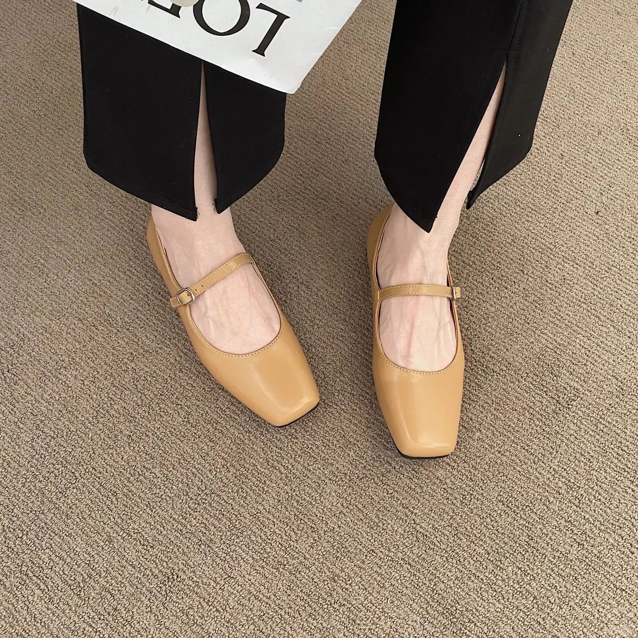 2024 Summer New Brand Women Flats Fashion Square Toe Shallow Mary Jane Shoes Soft Casual Ballet Shoes Slingback Shoes Black