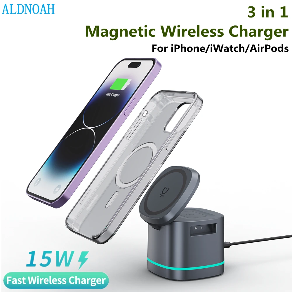 

Magnetic Wireless Charger 3 in 1 for Apple Device Portable 15W Fast Charging Station for iPhone 14/13/12 iWatch 8 7 Airpods Pro