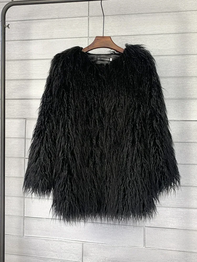Mongolia Sheep Fur Women Medium Long Coat Jacket Colorful Warm Faux Fur Plush Coats Female Jacket Autumn Winter Furry Outerwear 6