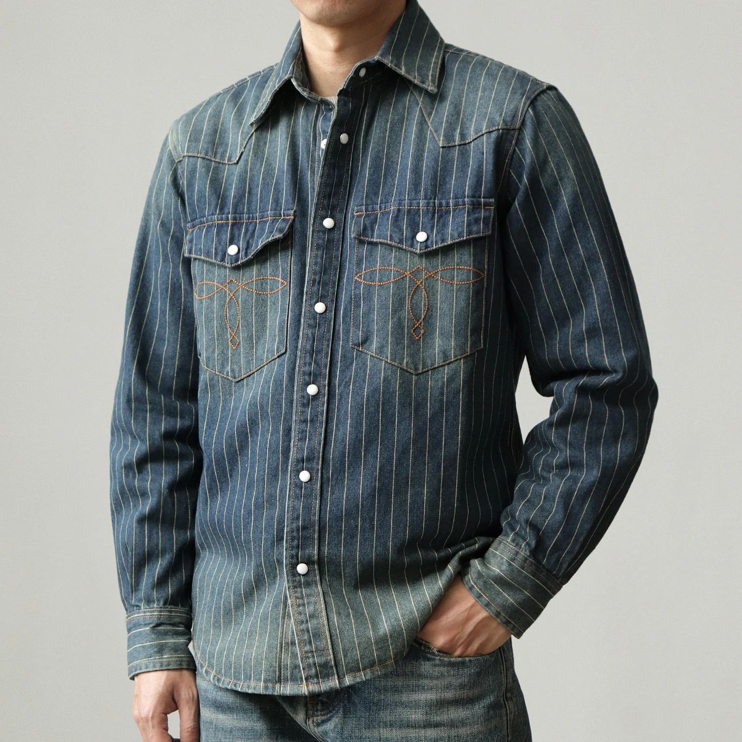 Vintage denim shirt men washed striped casual Khaki spring autumn long sleeve