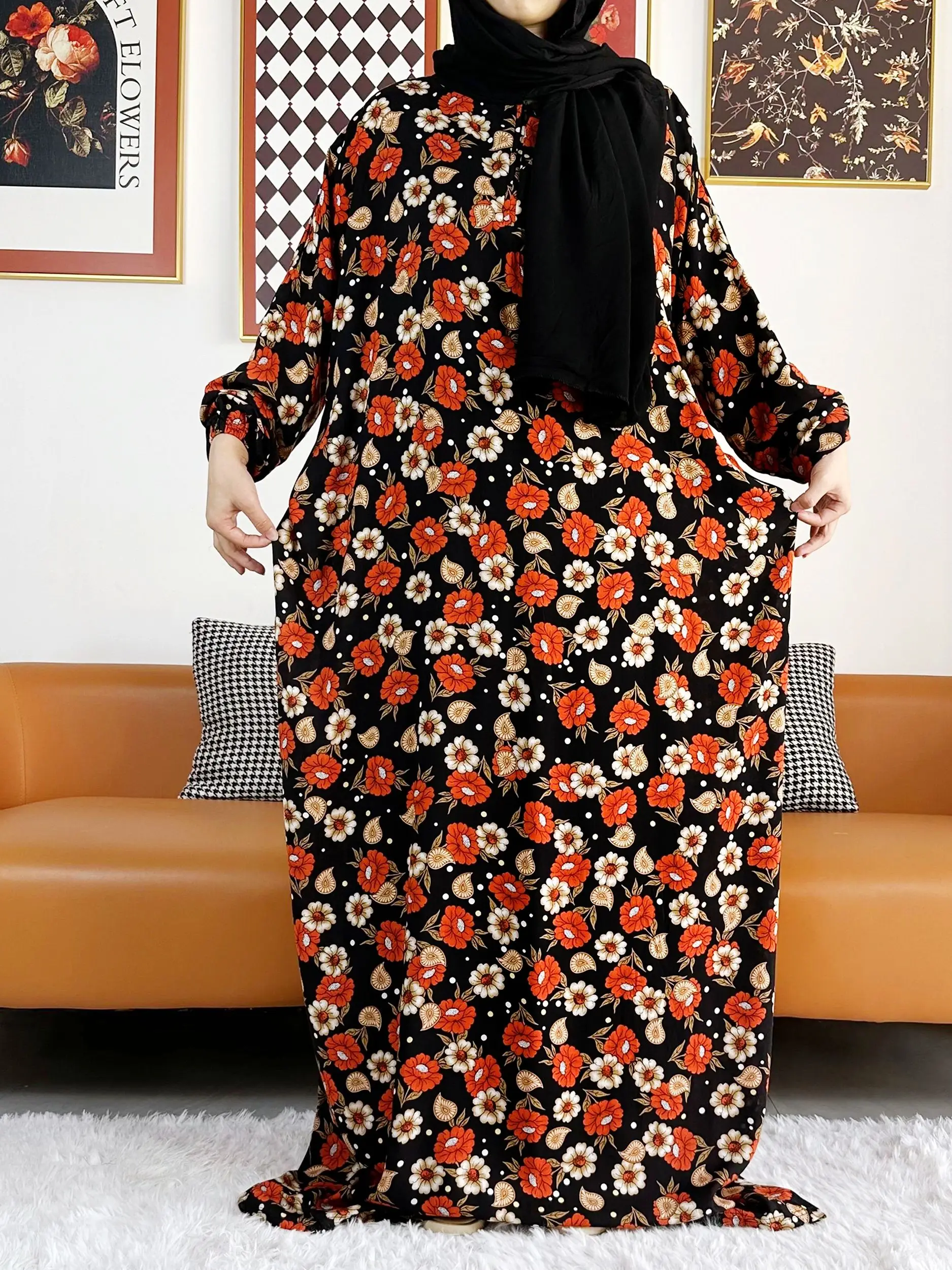 2025 Muslim Rayon Abayas Color Pitch Ramadan Prayer Dubai Turkey Middle East Femme Robe Floral Loose African Dress Turban Joint 3