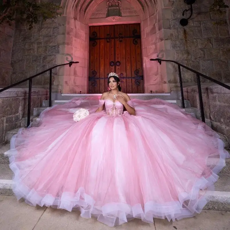 Quinceanera Dresses Pink Off Shoulder Ball Gown Beading Crystal Lace Appliques Tull Sweet 16 15 Birthday