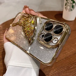 Glitter Quicksand Butterfly Plating Gradient Bling Transparent Soft TPU Case with Camera Film for iPhone 15 Pro (Gold SF)