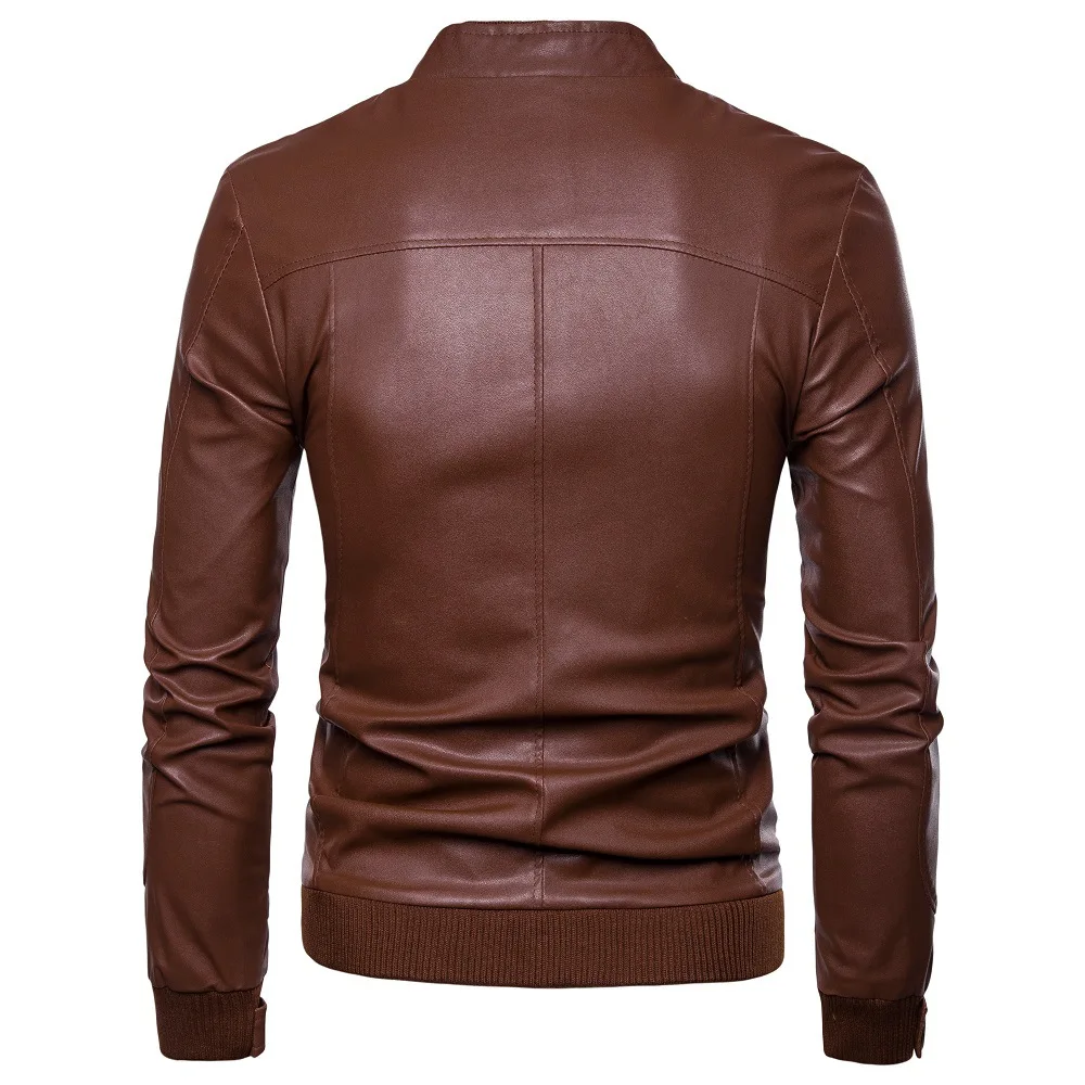 Men's PU Leather Outdoor Jacket Brown Brand New Stand Collar Motorcycle Jacket Male Korean Faux Leather Coat with Zipper M-3Xl