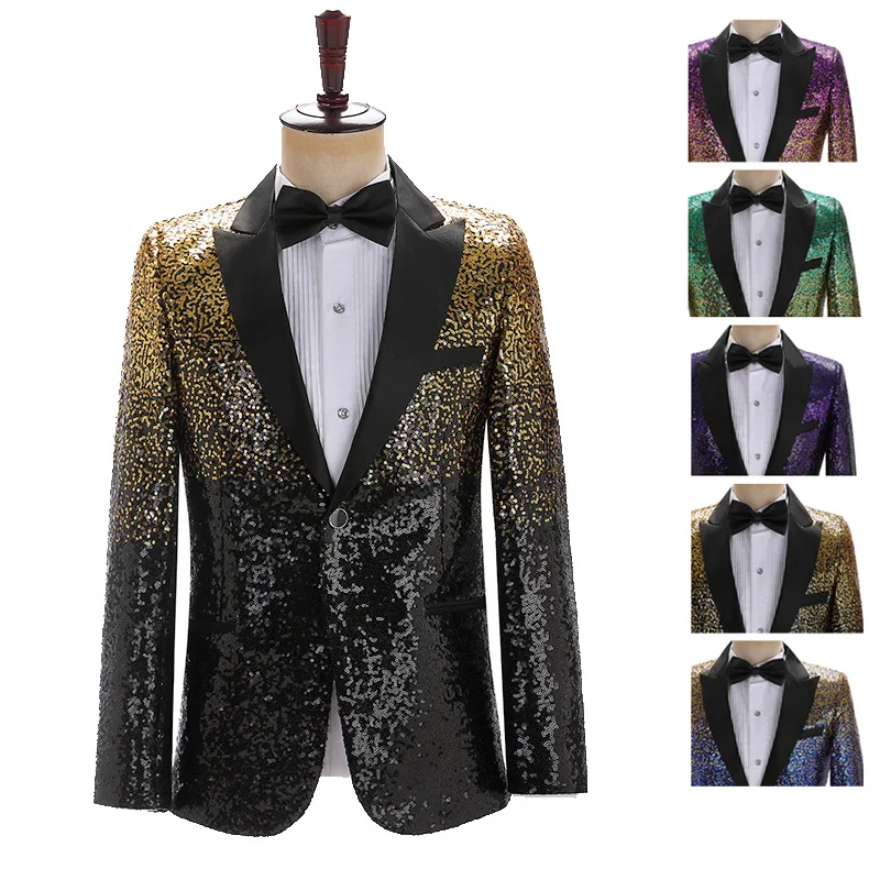 Luxury Gradient Sequin Suit Jacket Men Long Sleeve One Button Bar Stage Prom Party Cotume Black Gold Fashion Male Banquet Blazer