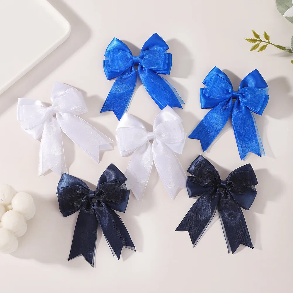 Elegant Satin Organza Long Tail Bow Hair Clips - White, Navy, and Royal Blue Hair Accessories