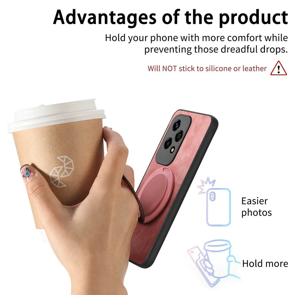 Leather Back Panel Phone Case with Magnetic Ring Holder, Enhanced Protection