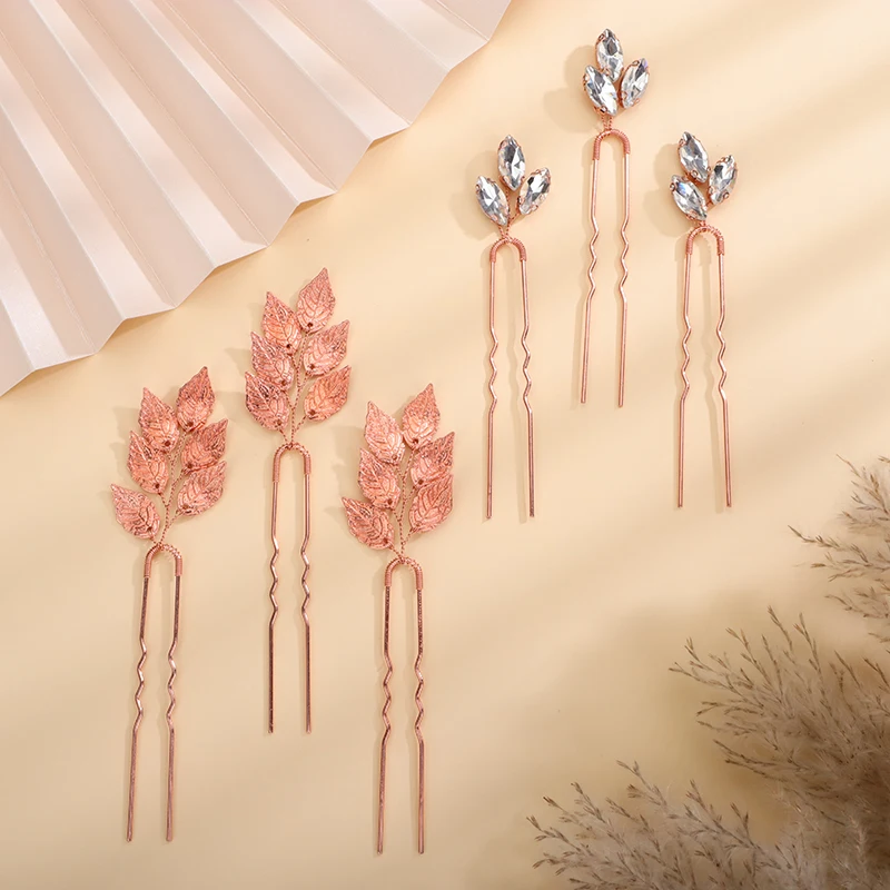 Vintage Gold Leaves 6PCS Hairpins Rhinestones Hair Clips Bridal Headwear Handmade Head Jewelry Tiaras Wedding Hair Accessories