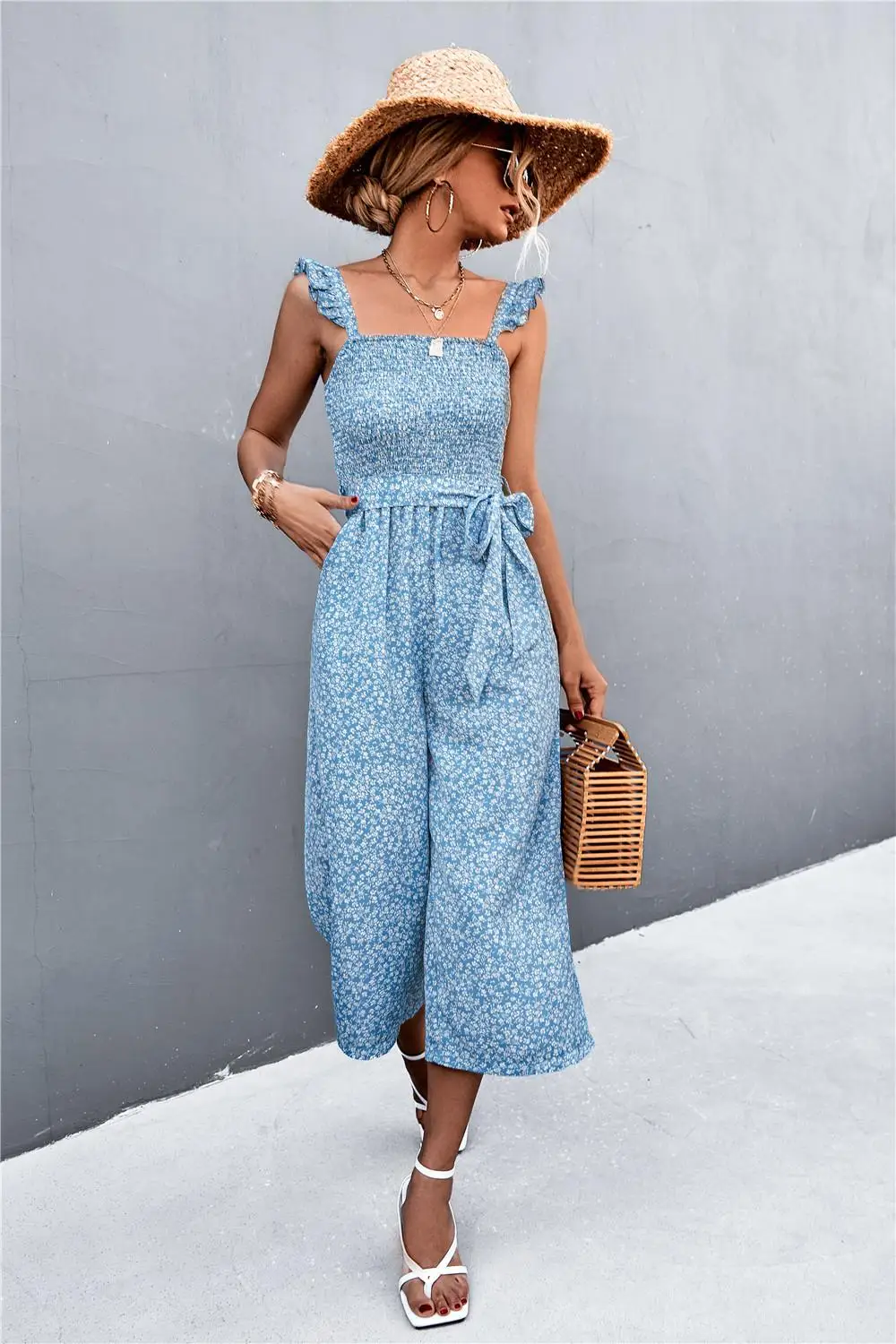 

Missuoo Summer New Floral Printed Suspender Jumpsuits Wide Leg Cropped Pants For Women 2023 Stylish Casual Lace-up Jump Suit