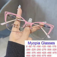 Anti Blue Light Cat Eye Myopia Glasses Women Brand Designer Spring Hinge Pink Eyeglasses Metal Frame Fashion Nearsighted Glasses 1