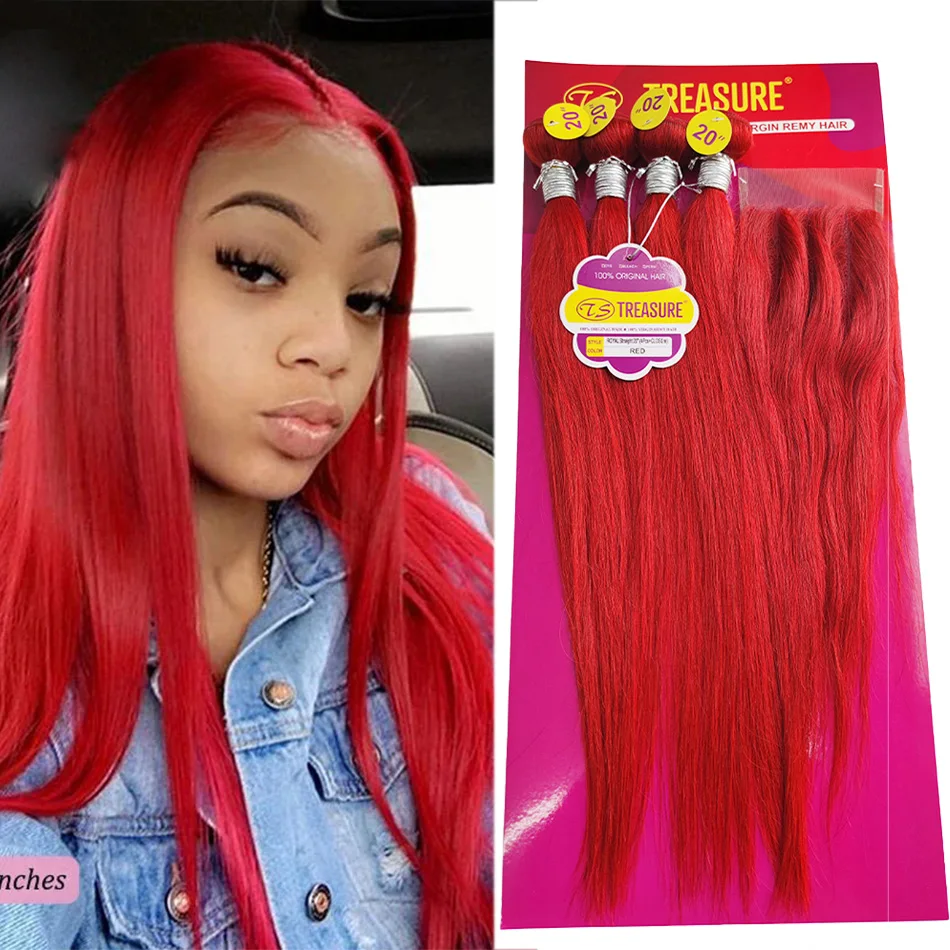Red Straight Bundles With Closure 4*4 With Baby Hair Transparent Lace Brazilian Human Hair Weave 4 Bundles Lace Closure
