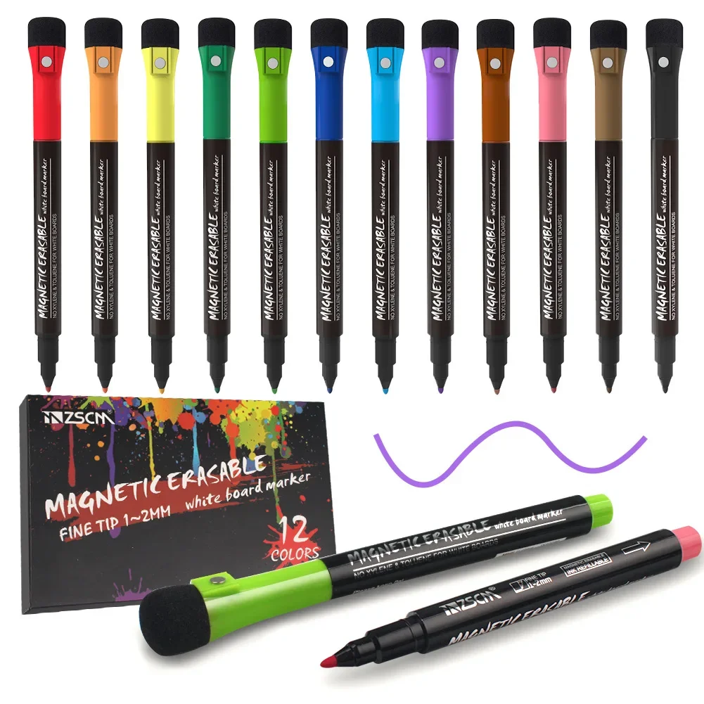 12Colors School Classroom Whiteboard Pen Dry White Board Markers Built In Eraser Student Children's Drawing Pen Stationery