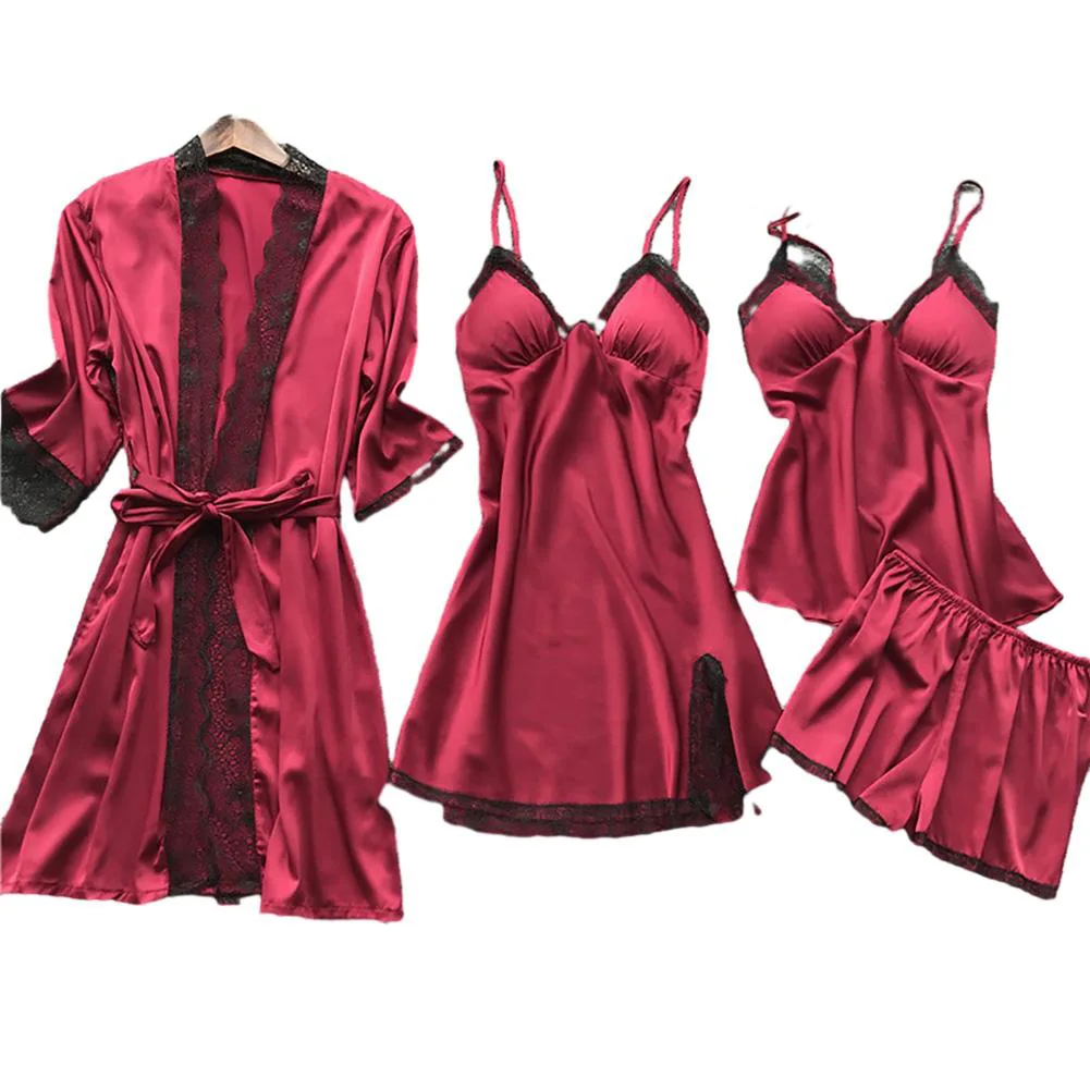 

4PCS Sleepwear Lace Pajamas Silk Women Dress Robe Nightwear Pijama Sets Female